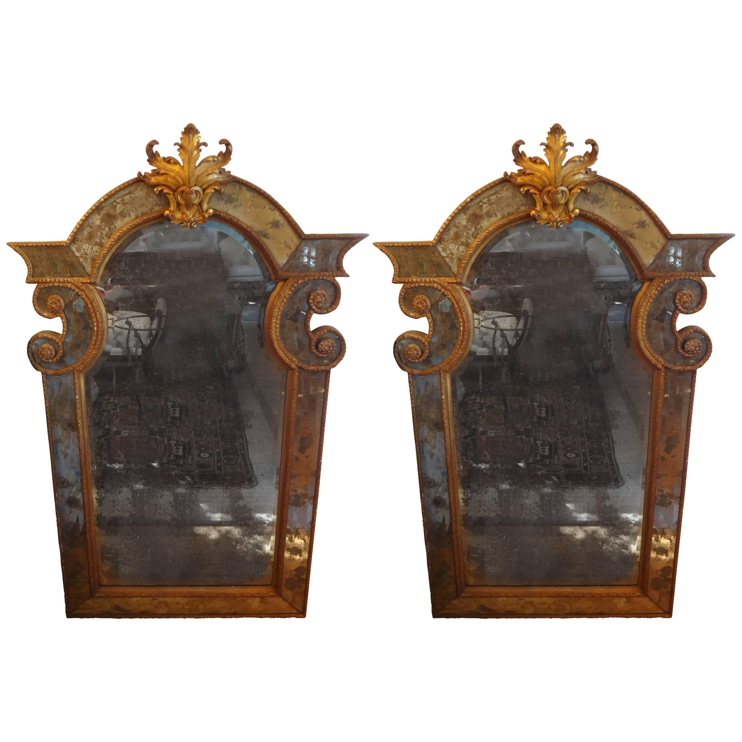 Rare Pair of Antique 19th Century Venetian Giltwood Mirrors