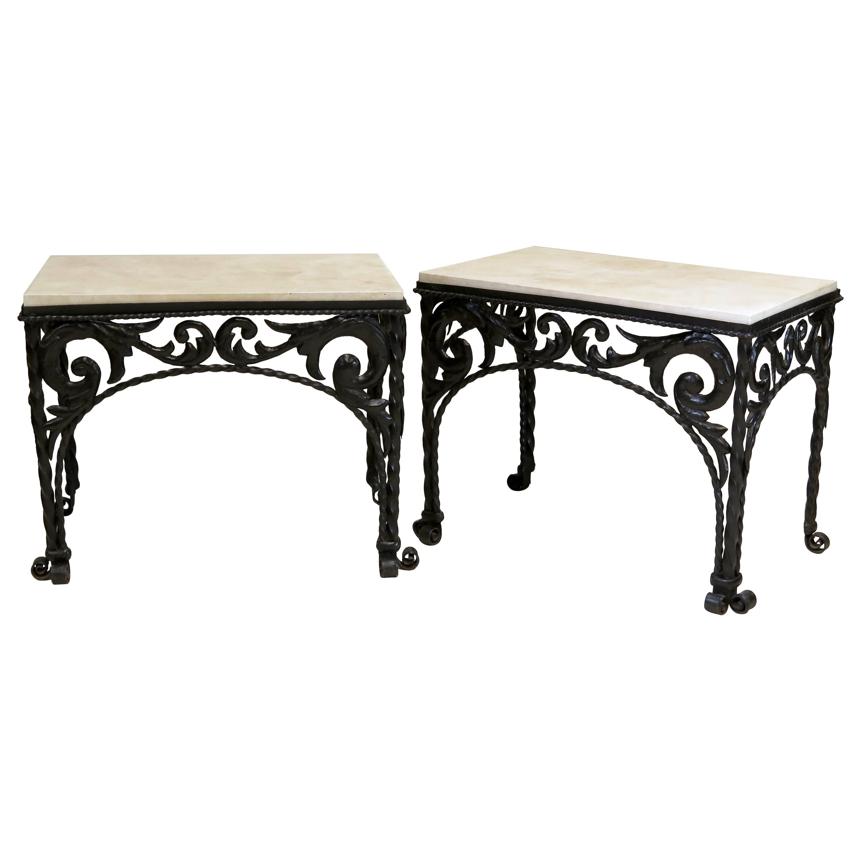 Pair of Ornate Iron and Travertine Side Tables, Spain, circa 1920s For Sale