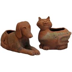 Vintage Pair of "Cat & Dog" Terracotta Planters from France