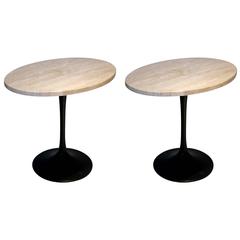 1970s Pair of Traventine and Black Enameled Metal Bases Oval End Tables