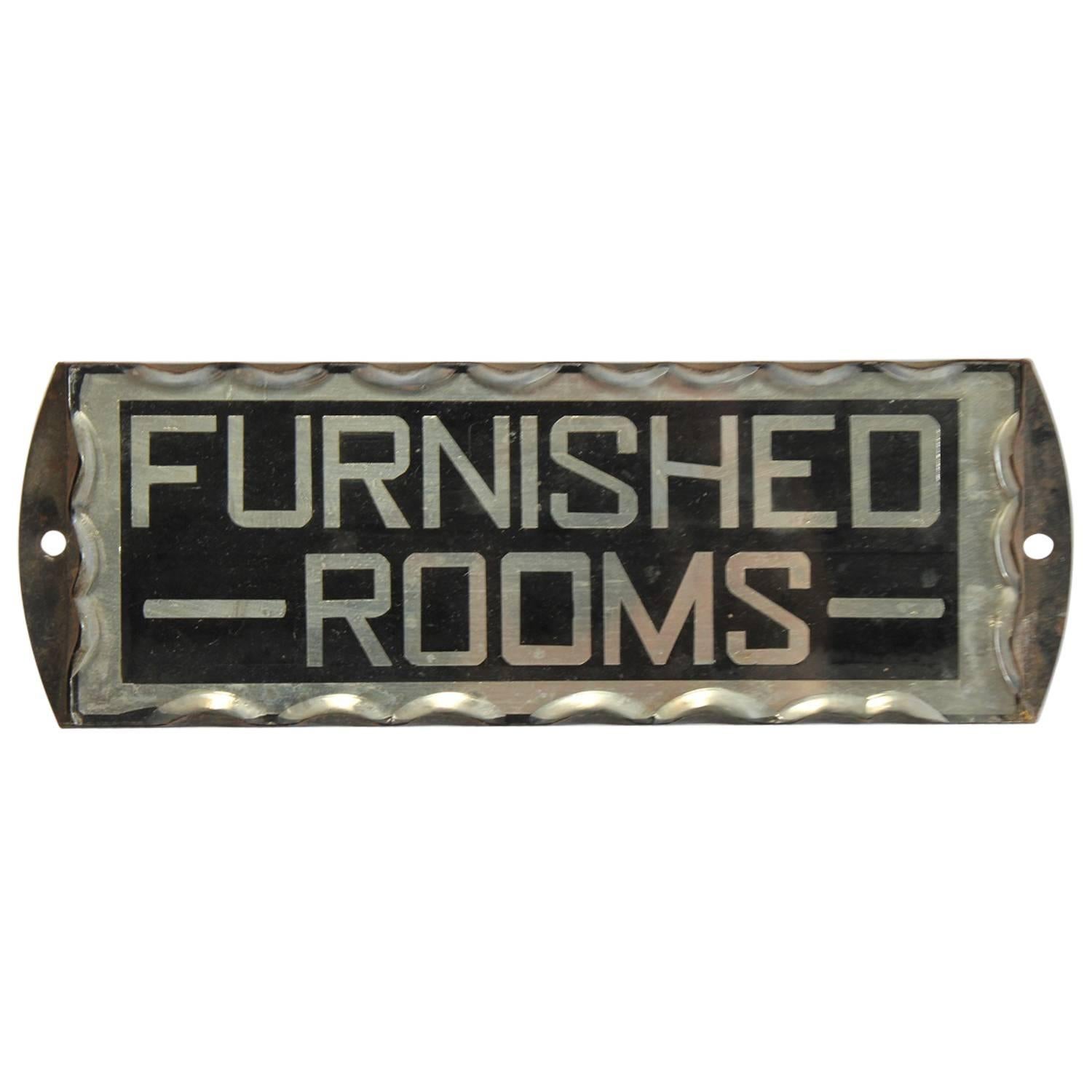 1930s Reverse Glass Painted Sign "Furnished Rooms" For Sale