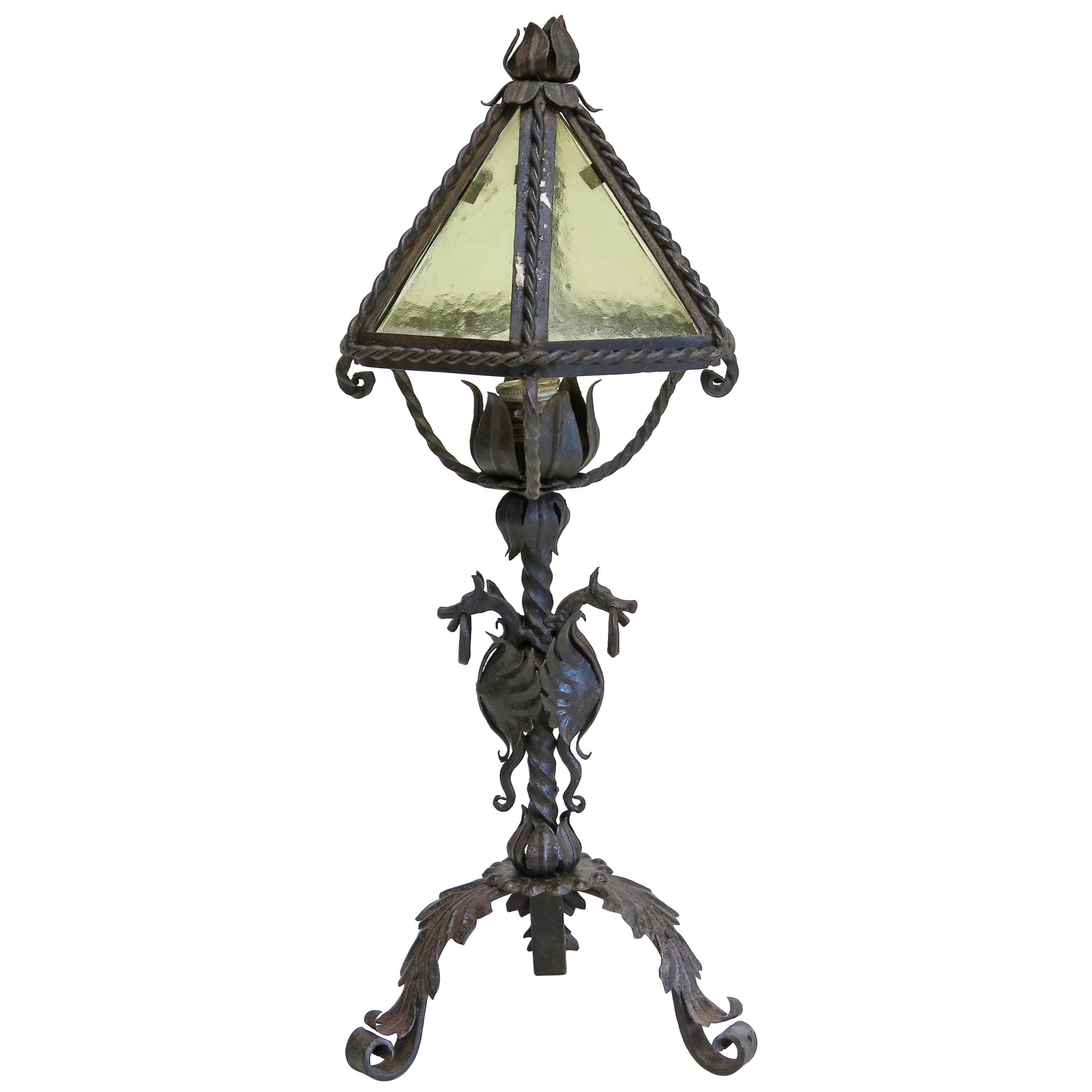 Gothic Style Wrought Iron Lamp with Dragons - France, Circa 1920s