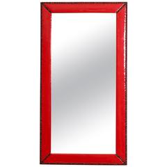 Red Vinyl Wrapped and Nail Head Wall Mirror