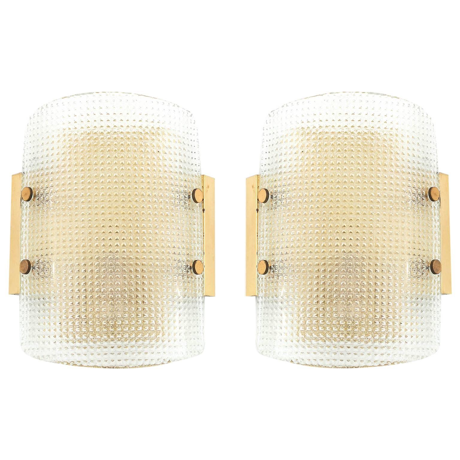 Pair of Hillebrand Wall Lights Sconces, Brass Glass, 1960s