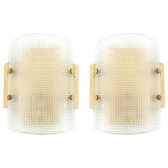 Pair of Hillebrand Wall Lights Sconces Brass Square Pattern Glass 1960s 10