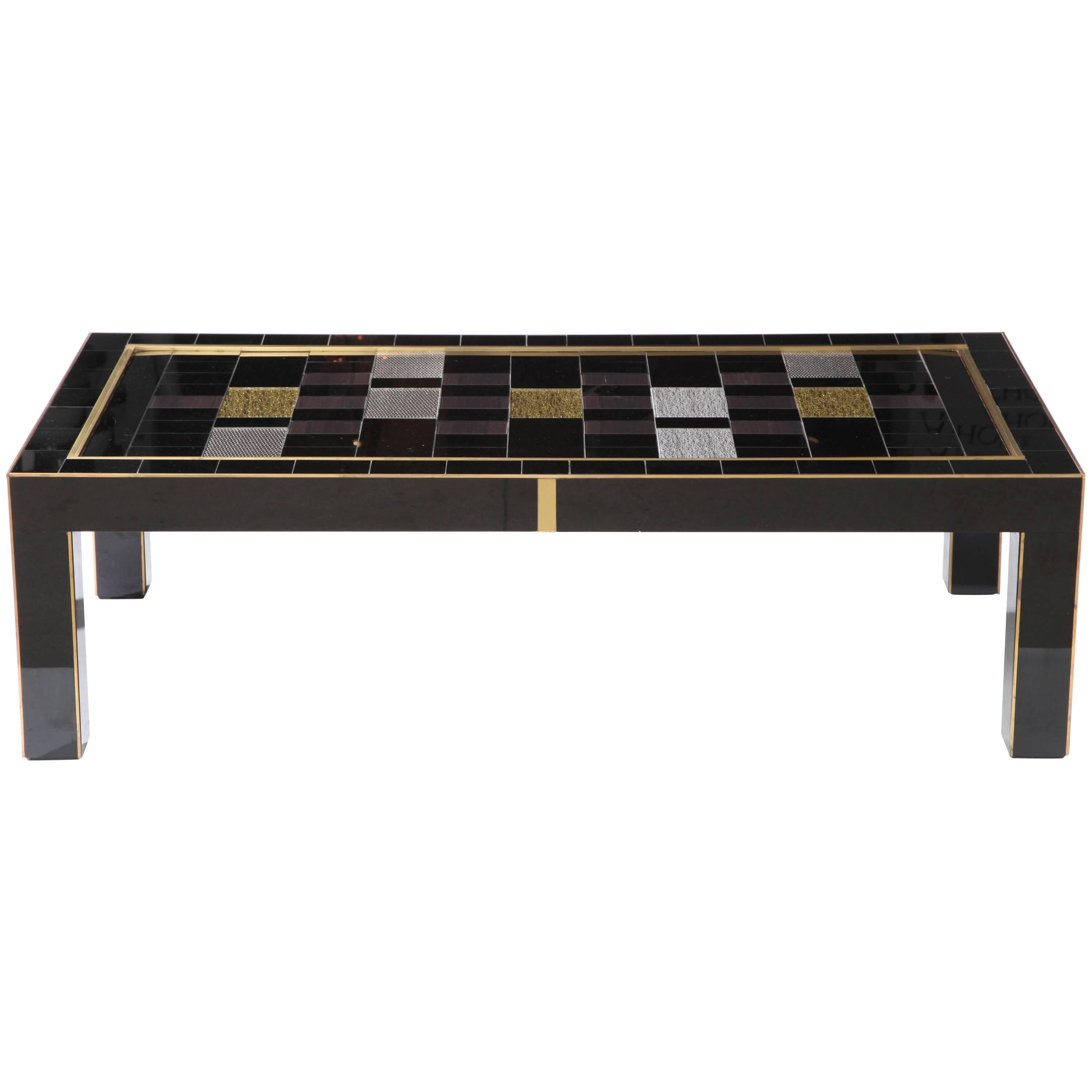 Custom Black, Silver and Gold Tinted Glass Coffee Table with Brass Inlays, Italy For Sale