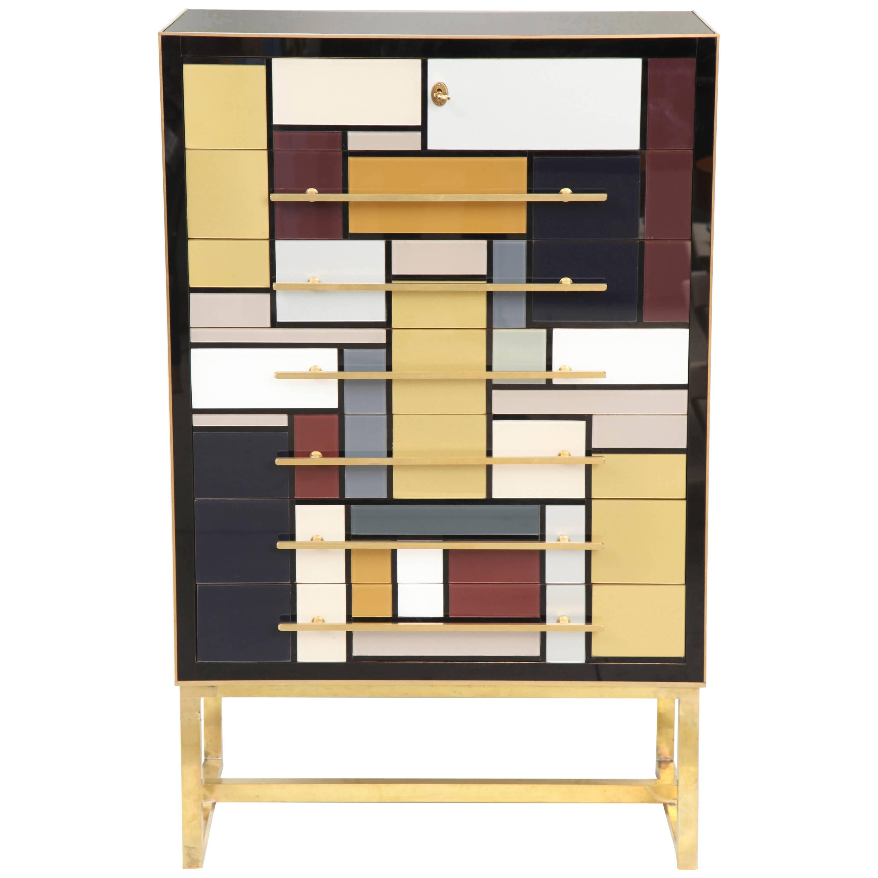 Mid-Century Mondrian Style Opaline Glass Chest with Brass Inlays, Italy