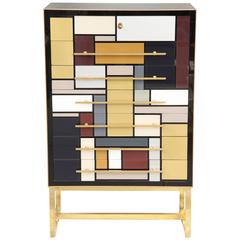 Retro Mid-Century Mondrian Style Opaline Glass Chest with Brass Inlays, Italy