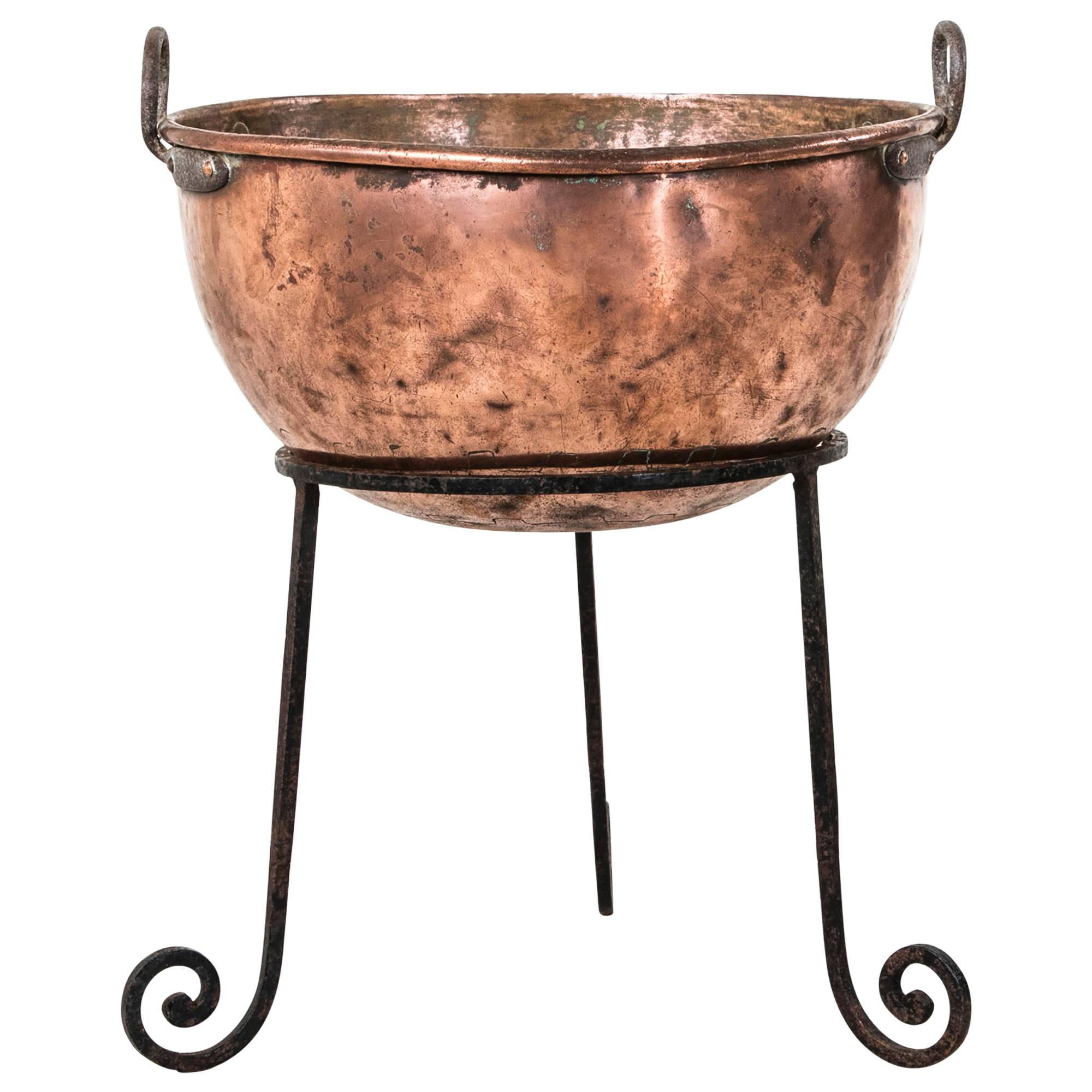 Large 19th Century French Copper Cauldron or Brazier on Iron Stand