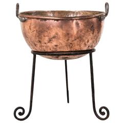 Antique Large 19th Century French Copper Cauldron or Brazier on Iron Stand