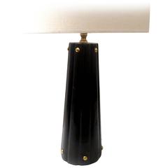 Vintage 1950s leather wraped & brass accents column table lamp 