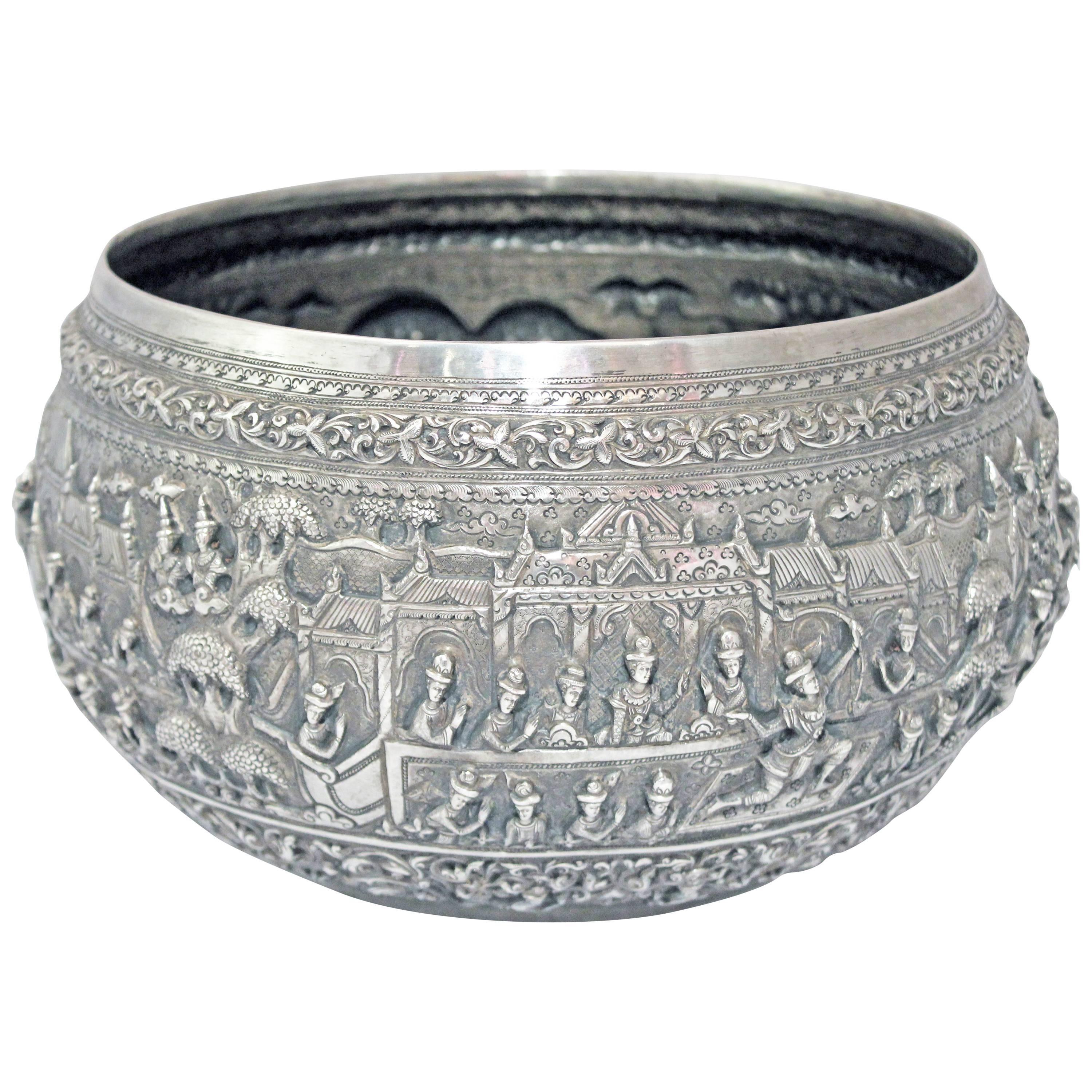 Solid Silver Hand-Worked Burmese Ceremonial Bowl, Jataka Scenes in Relief, Shan 