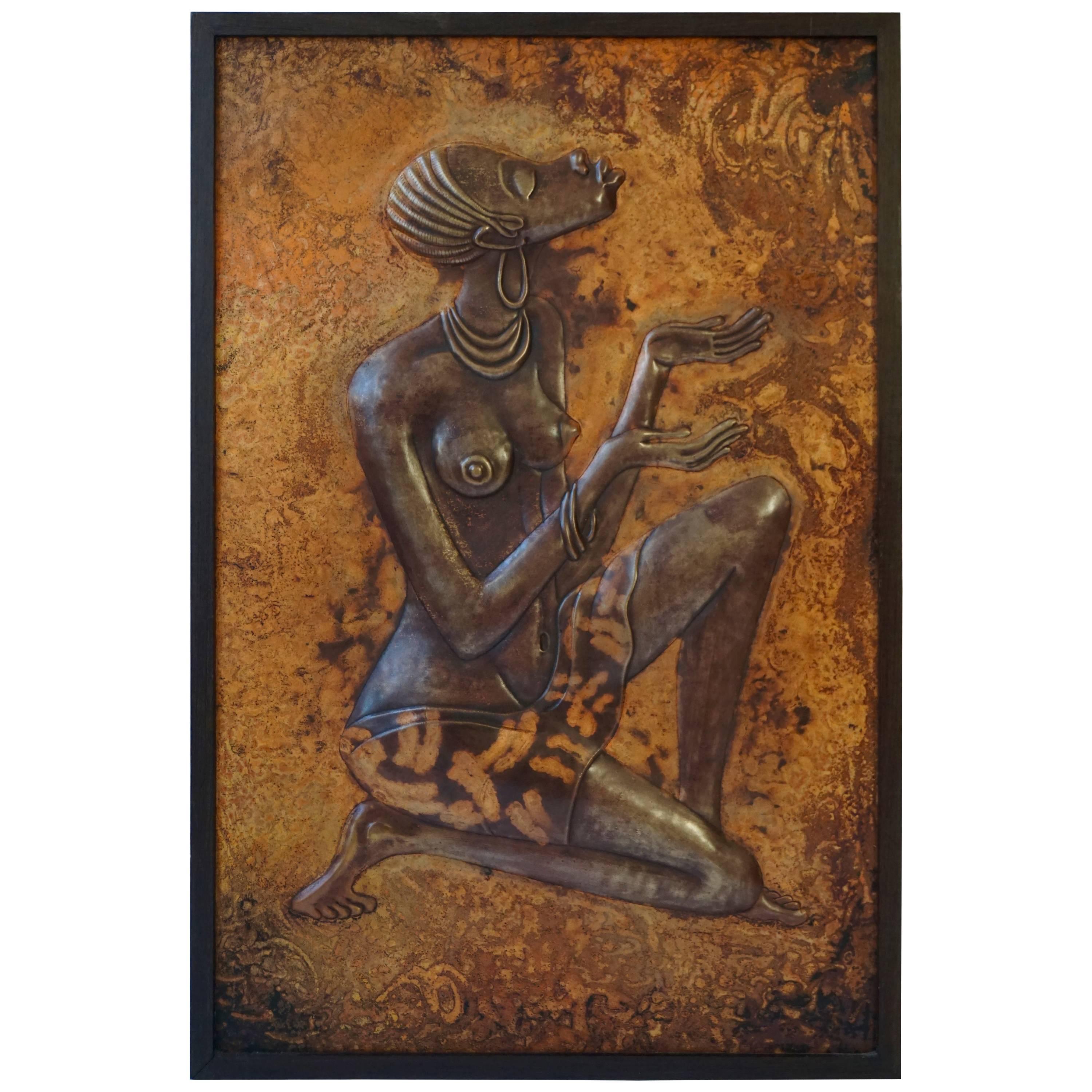 Hammered Copper Wall Relief Sculpture Panel with African Woman