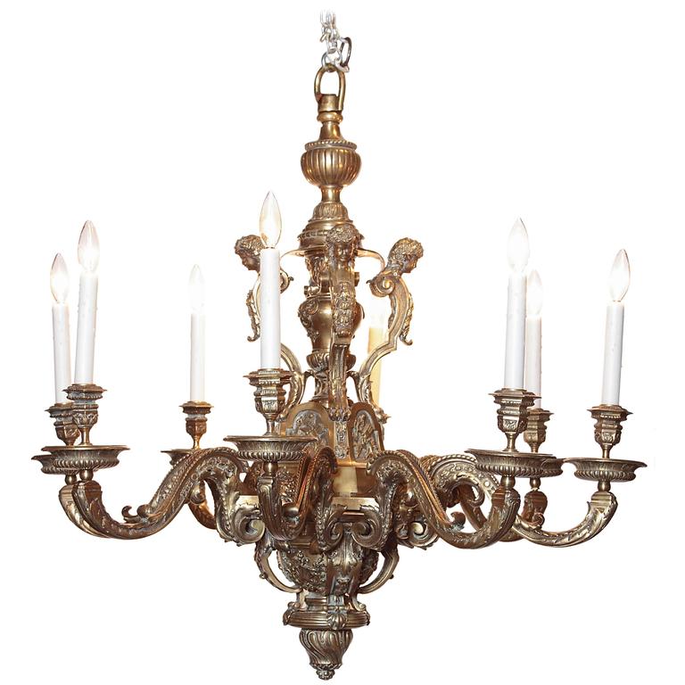 Ornate 19th Century French EightLight Bronze Chandelier with Cherubs
