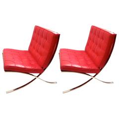 Pair of Early Production Knoll Barcelona Chairs in Unusual Red Leather