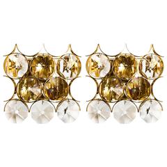 Pair of Palwa Sconces Wall Lights Gilded Brass Large Crystals