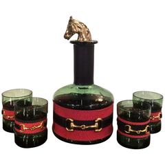 Gucci Style Horse Bit Barware, Brass Topped Decanter and Glass Set