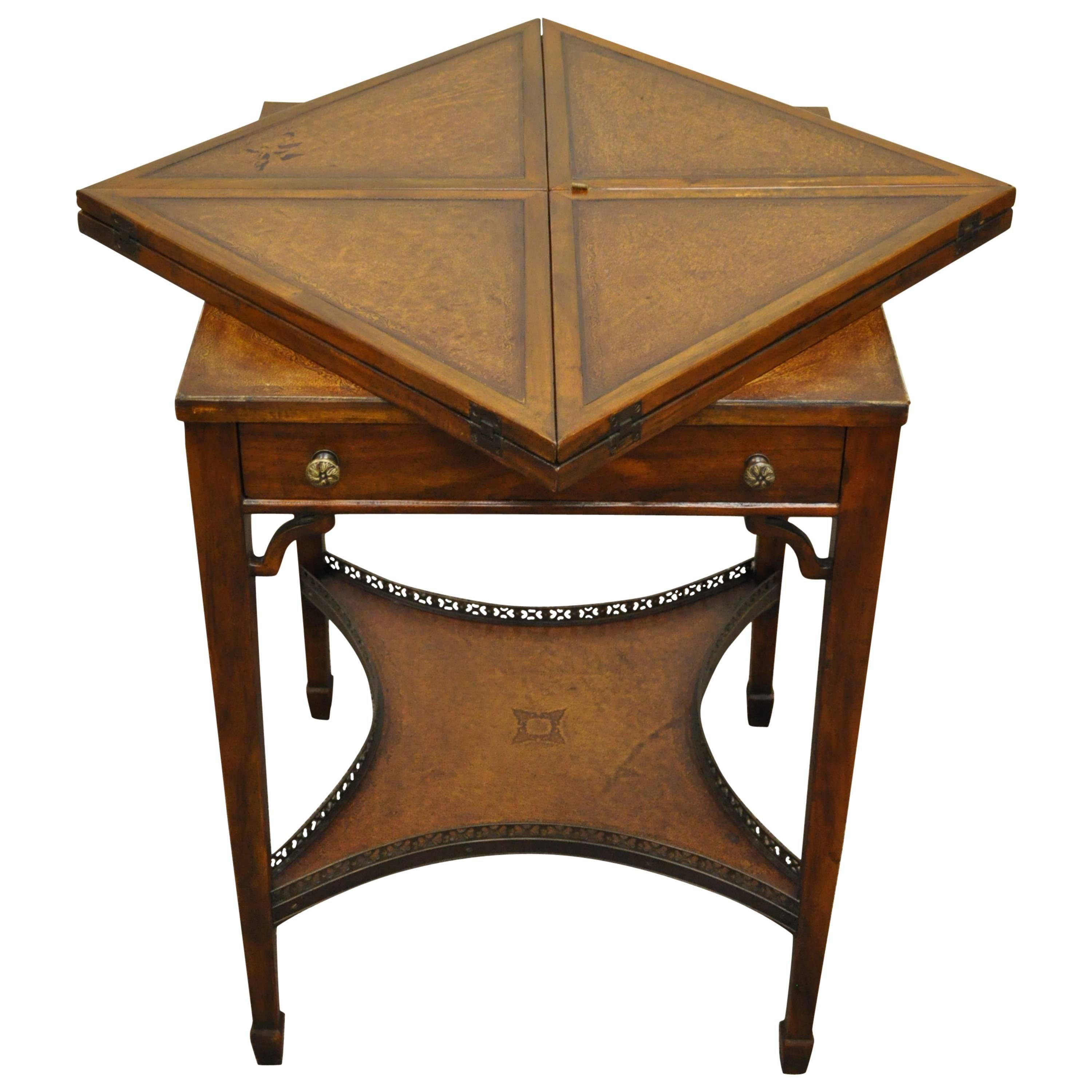 Early 20th C English Tooled Leather Mahogany Napkin Folding Card Game Side Table