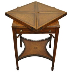 Antique Early 20th C English Tooled Leather Mahogany Napkin Folding Card Game Side Table