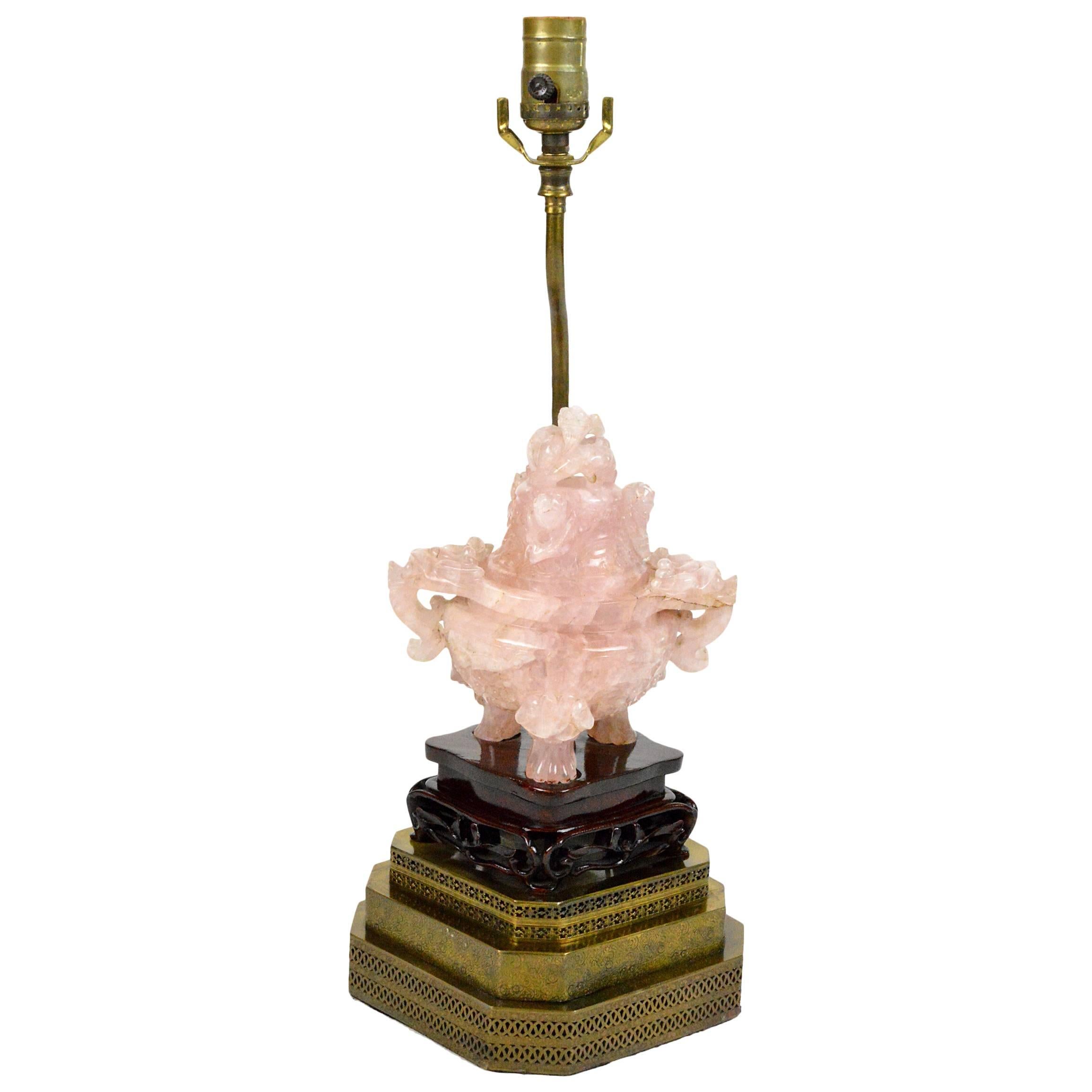 Chinese Rose Quartz Jar Lamp For Sale