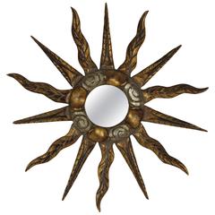 Antique Unusual 19th Century Spanish Giltwood Mini Sunburst Mirror