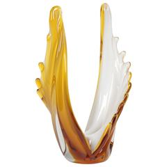 Amazing 1960s White and Amber Murano Glass Scalloped Vase 