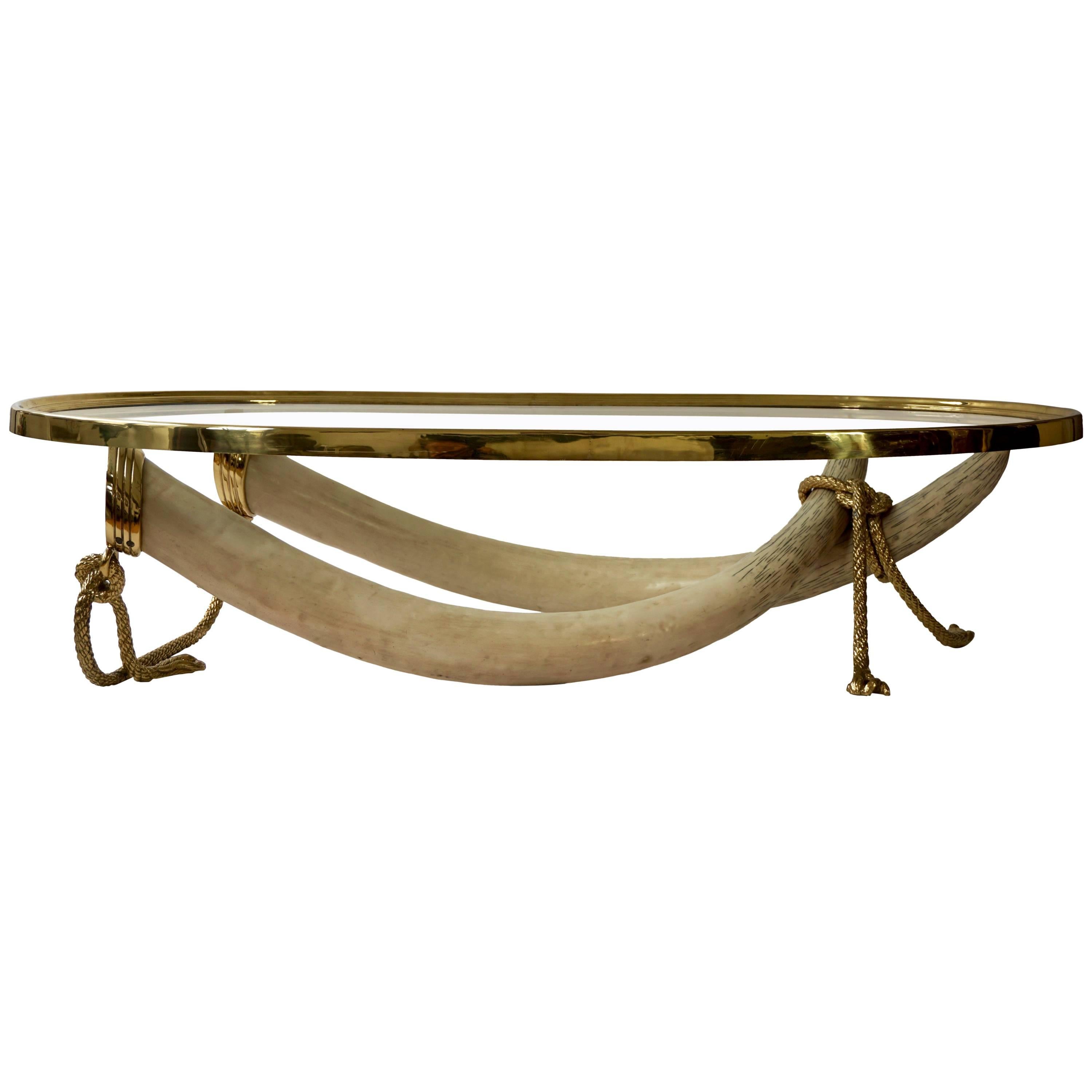 Large Glass and Brass Elephant Tusk Base Coffee Table by Valenti, 1970s