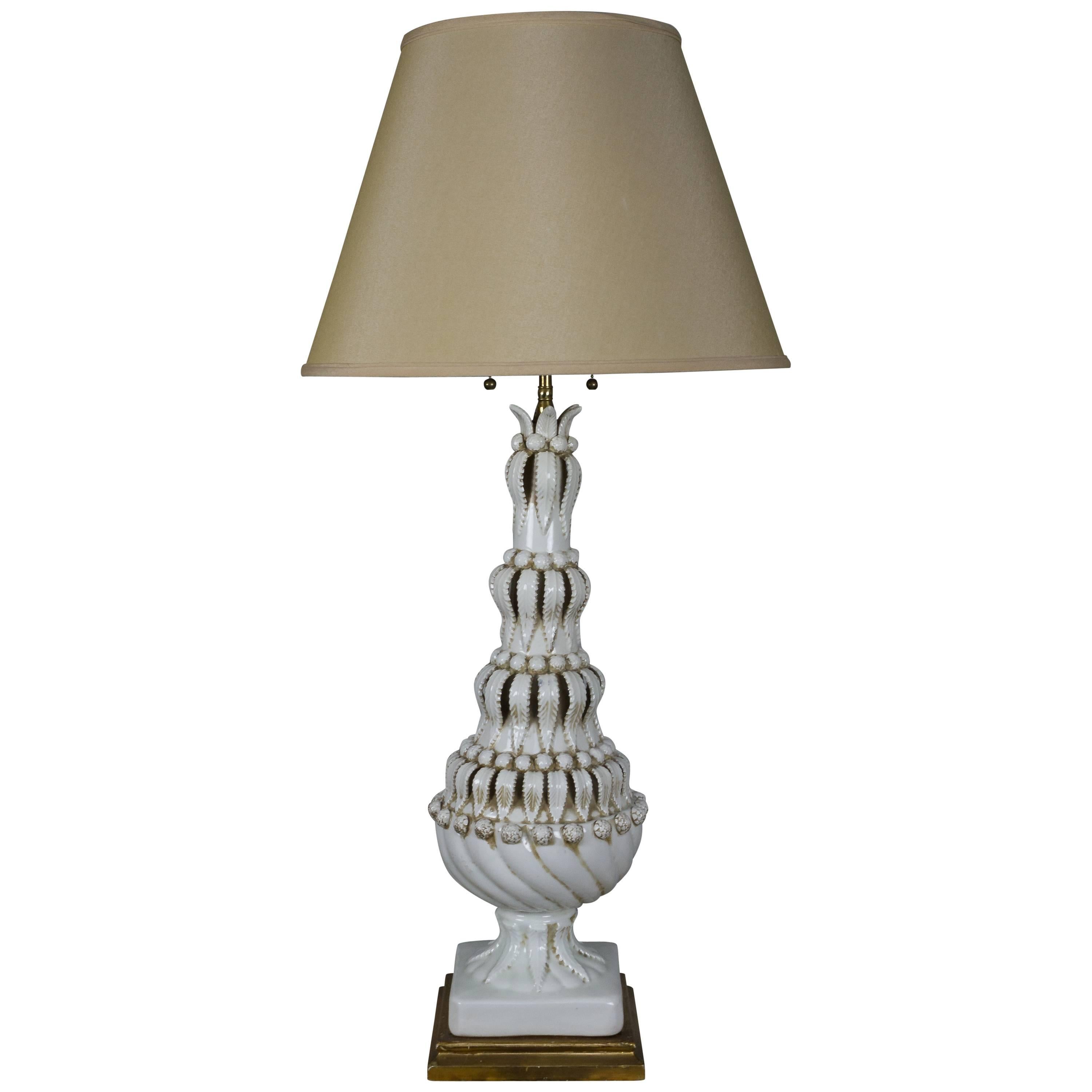 Ornate Spanish Ceramic Table Lamp With Leaf Decorations For Sale