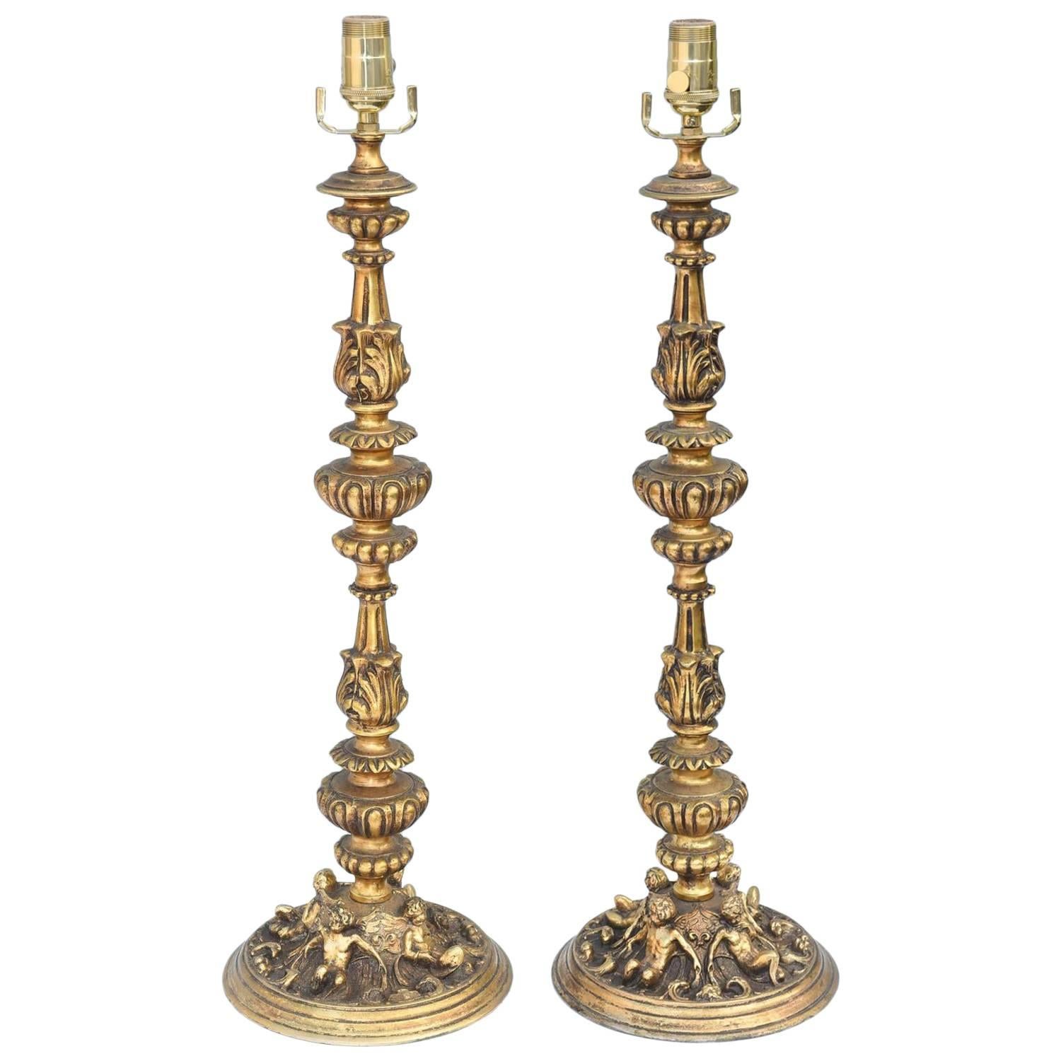 Pair of 19th Century French Bronze Dore Lamped Candlesticks