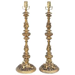 Pair of 19th Century French Bronze Dore Lamped Candlesticks