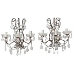 Pair of Three-Light Italian Beaded Sconces Adorned with Crystals, circa 1920s
