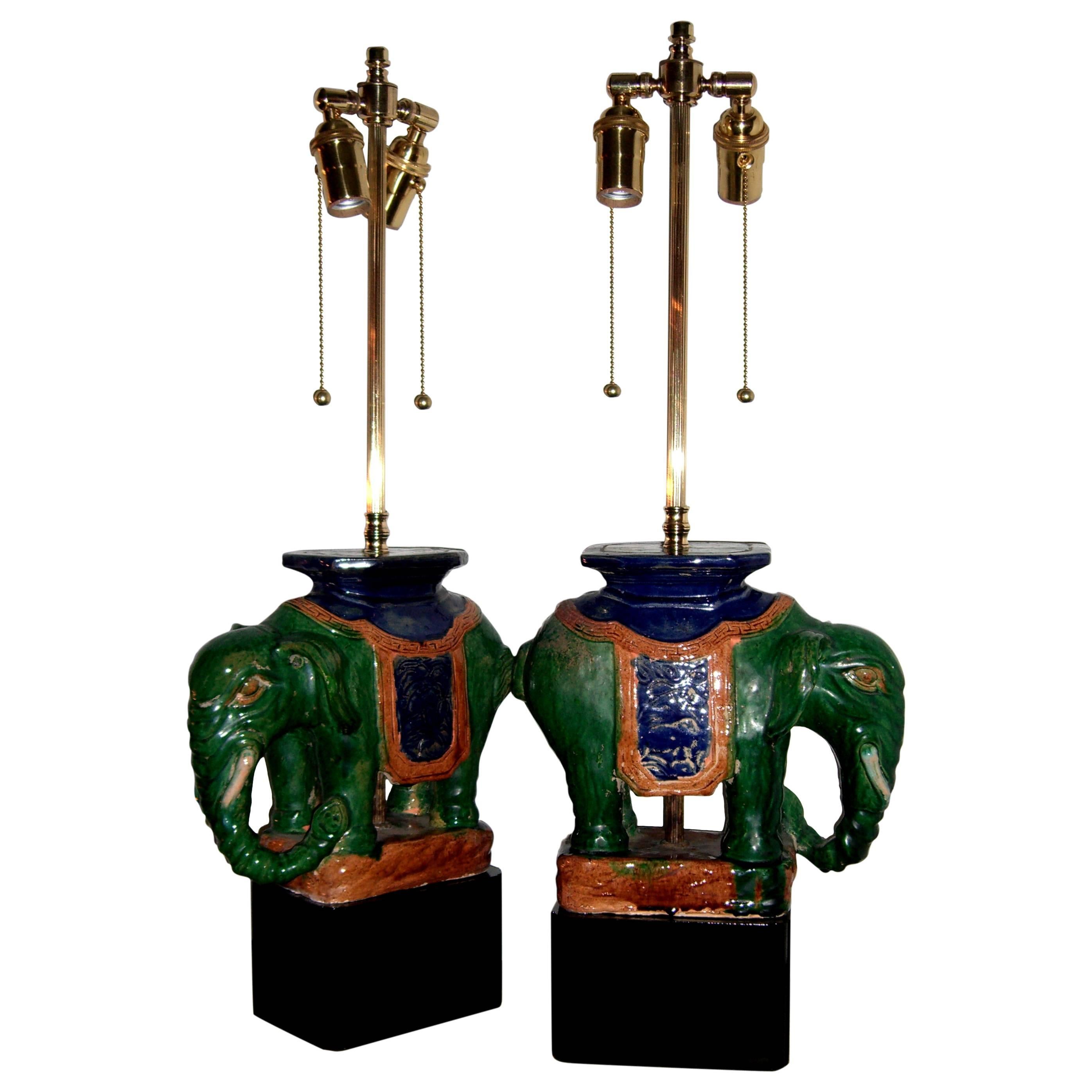 Pair of Vintage Chinese Porcelain Royal Elephants as Table Lamps