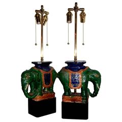 Pair of Vintage Chinese Porcelain Royal Elephants as Table Lamps