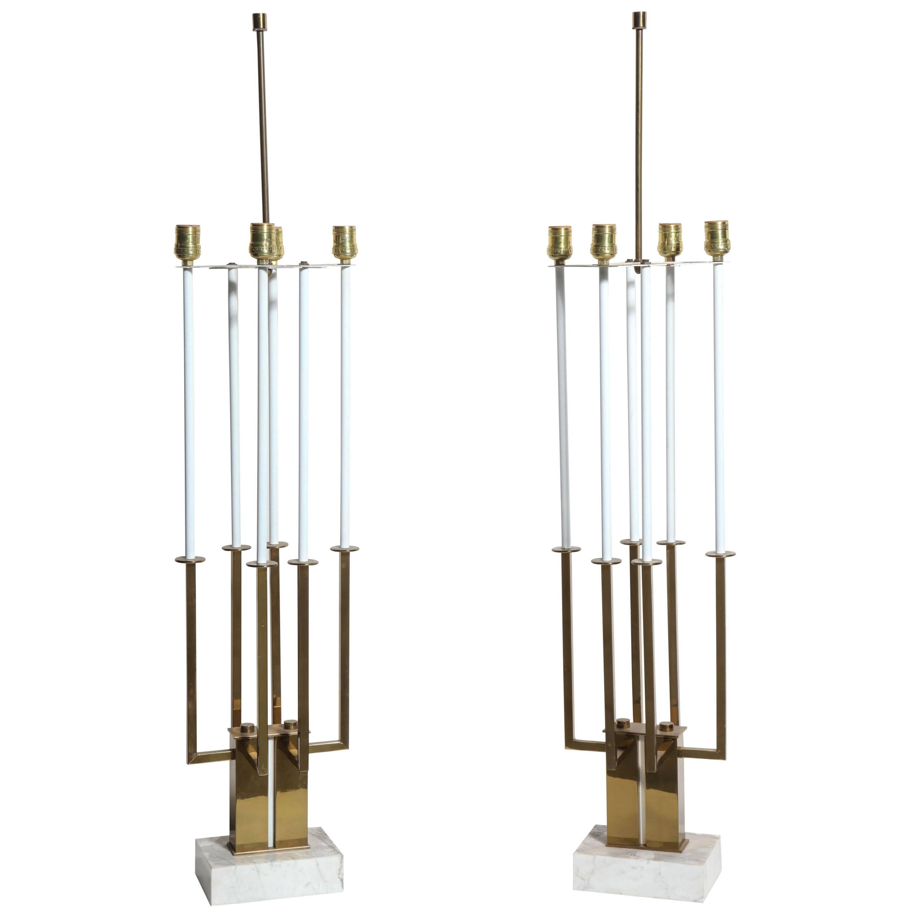 Monumental Pair of Stiffel White, Marble & Brass Candelabra Table Lamps, 1940s