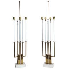 Monumental Pair of Stiffel White, Brass and Marble Candelabra Lamps, 1940s 7