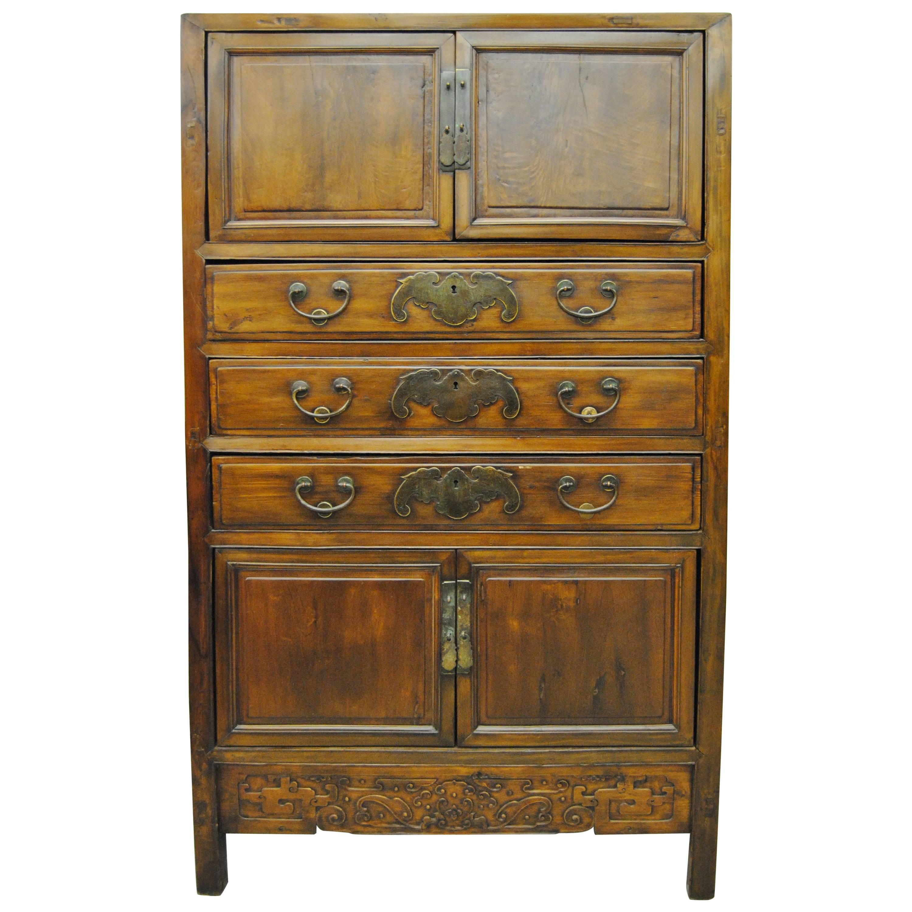 Antique 19th Century Tall Nan Mu Chinese Cabinet with Outstanding Hardware For Sale