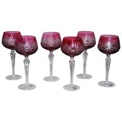 Lot of Six Coloured and Polished Crystal Wine Glasses 