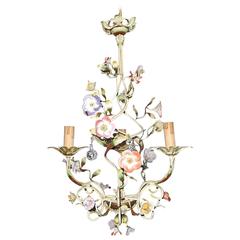 French Porcelain Flowers Tole Chandelier with Clear Murano Balls