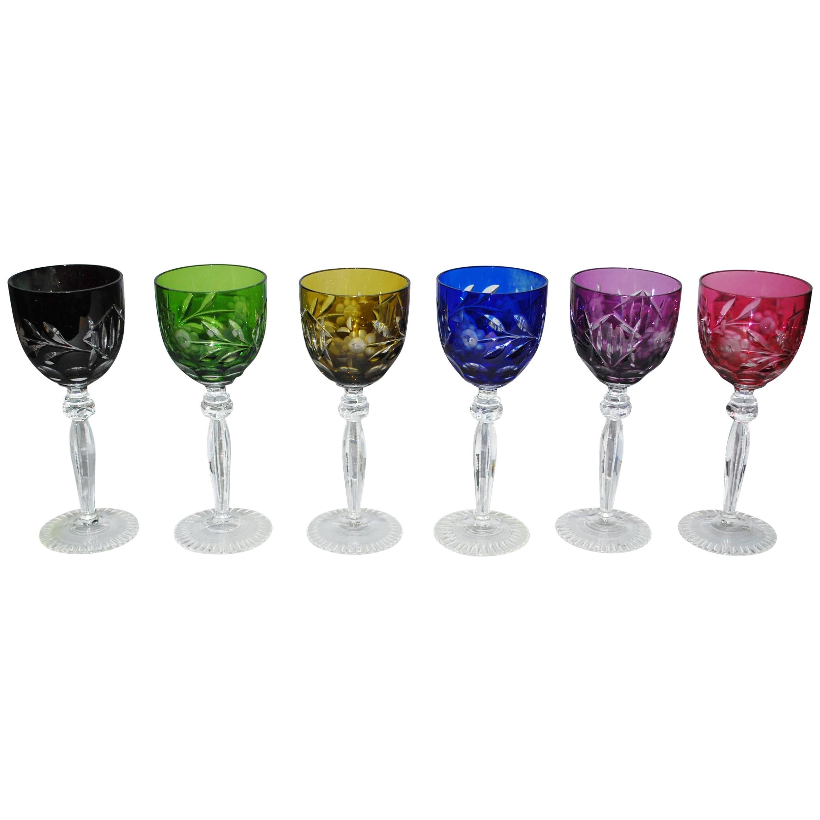 Lot of Six Coulored and Polished Crystal Wine Glasses 