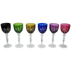 Retro Lot of Six Coulored and Polished Crystal Wine Glasses 
