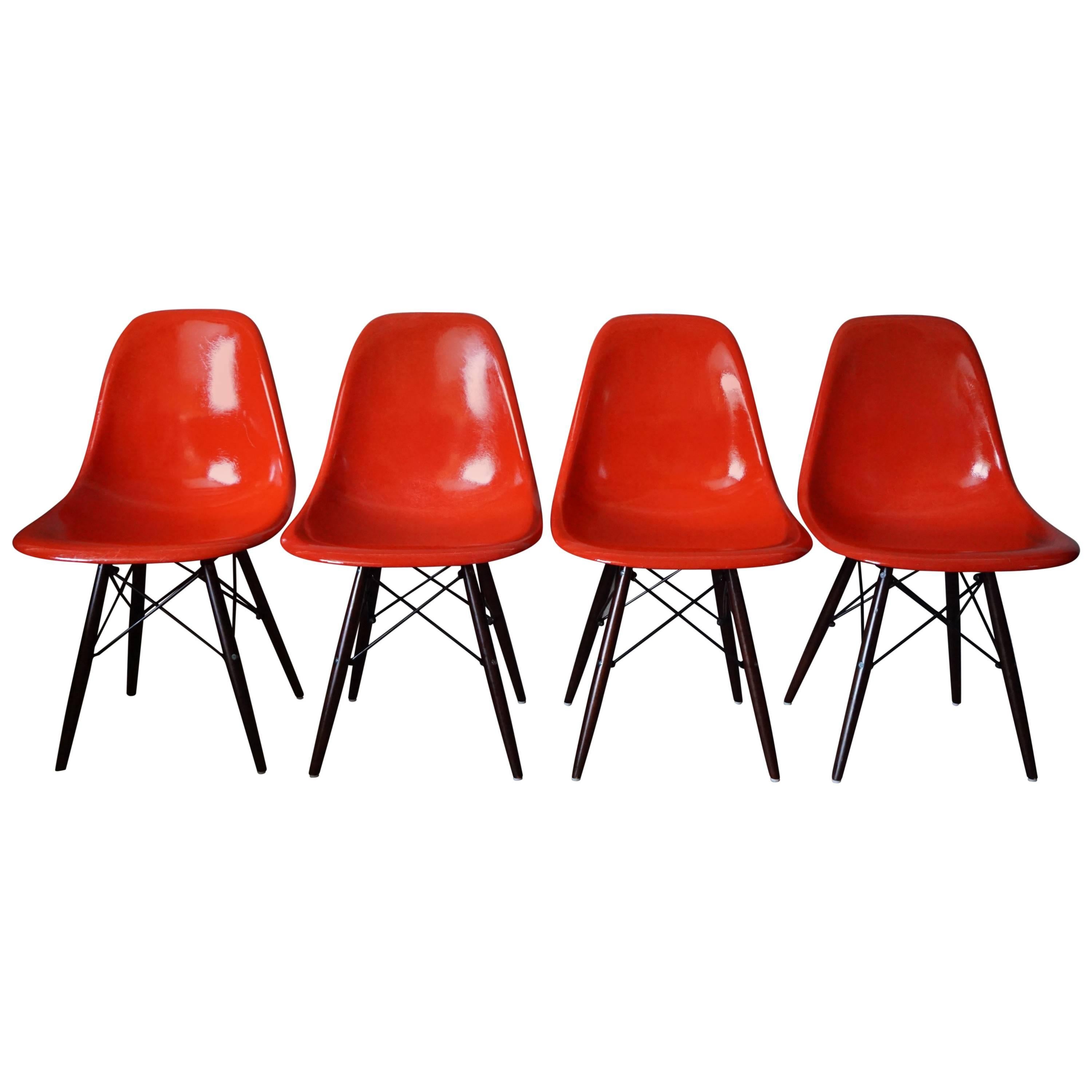 Red DSW Chairs by Charles and Ray Eames, 1950s, Set of Four