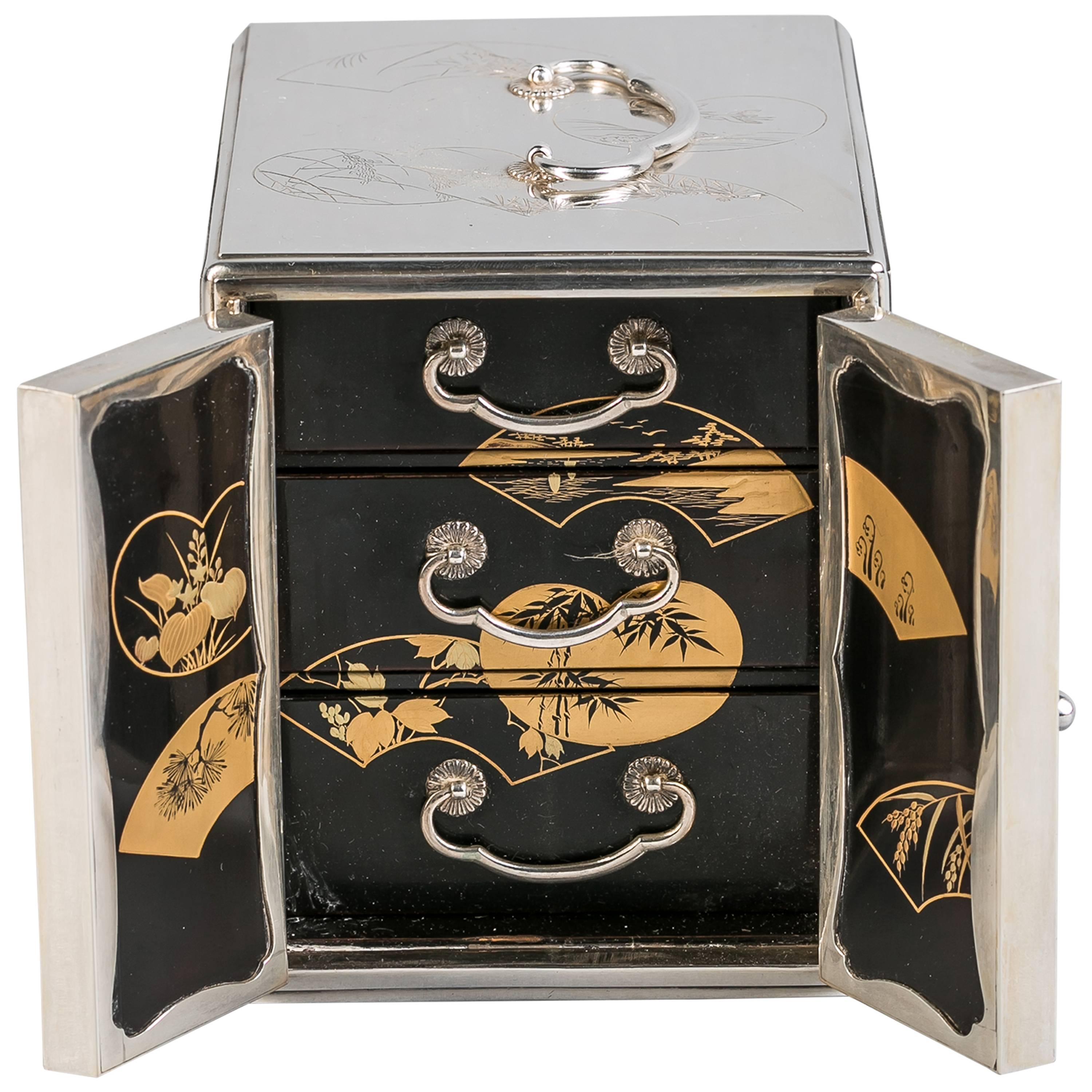 Japanese Engraved Silver and Lacquer Three-Drawer Cabinet Box, circa 1880 For Sale