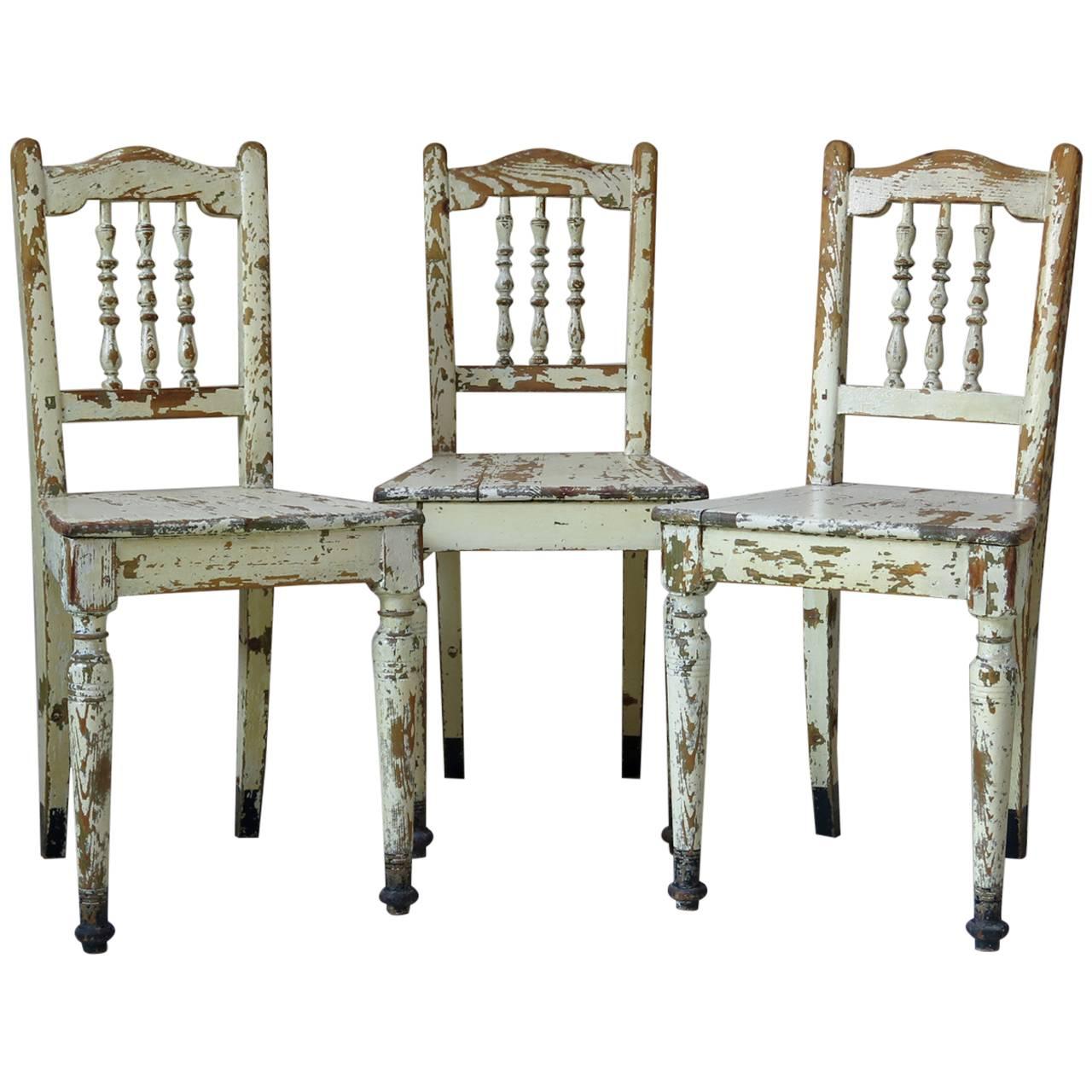 Set of Three Rustic Painted Chairs, France, Early 1900s