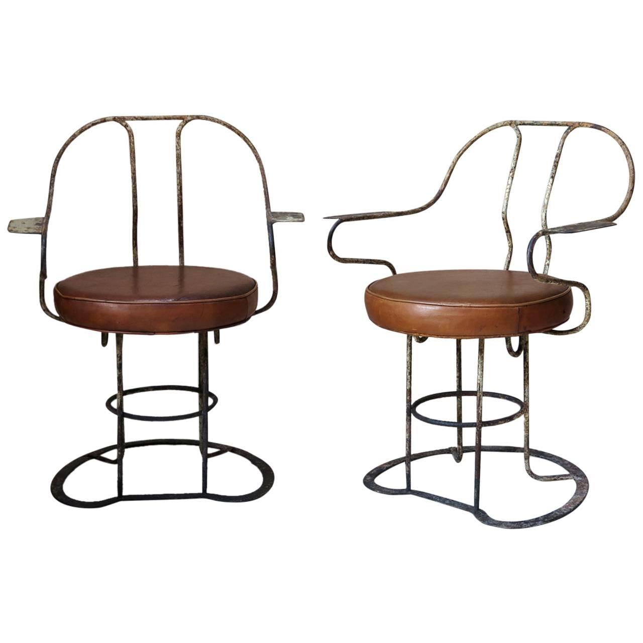 Unusual Pair of Iron and Leather Armchairs, France, circa 1930s For Sale