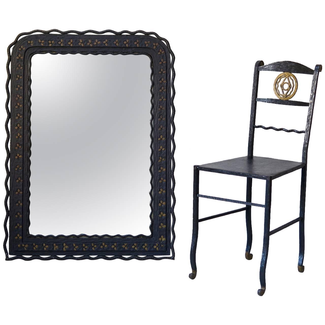 1920s Hammered Iron Mirror and Chair, France
