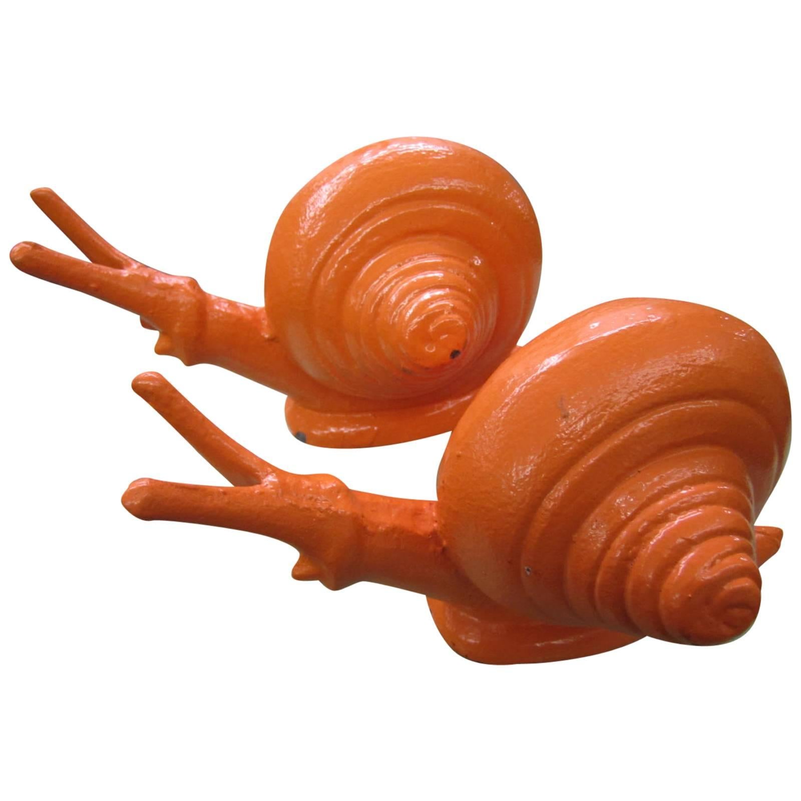 Whimsical Pair of Cast Iron Painted Orange Snail Bookends Mid-Century Modern