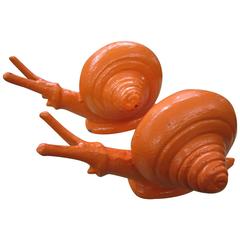 Vintage Whimsical Pair of Cast Iron Painted Orange Snail Bookends Mid-Century Modern