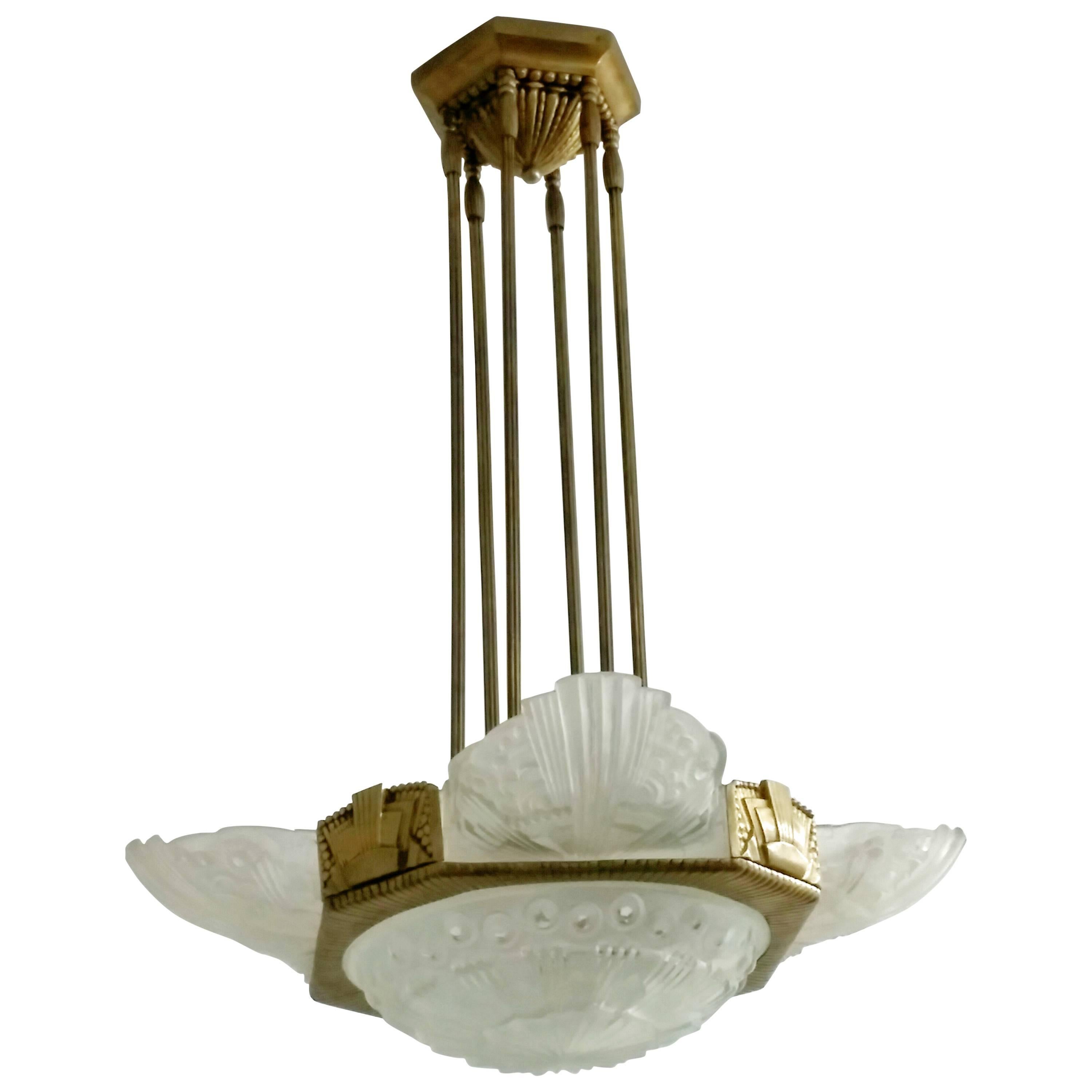 French Art Deco pandent Chandelier by Georges Leleu (pair available) For Sale