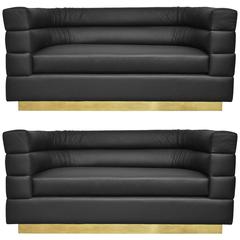 Black Leather and Brass Settees Pair by Design Studio