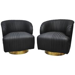 Pleated Leather and Brass Swivel Chairs